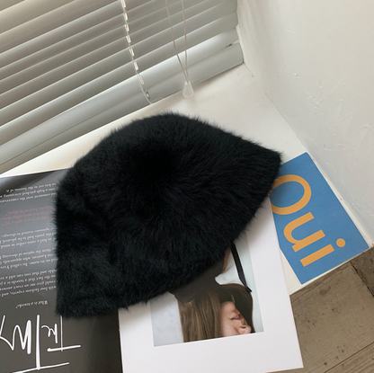 Ladies' Rabbit Fur Knitted Winter Bucket Hat for Stylish Cold Weather Comfort