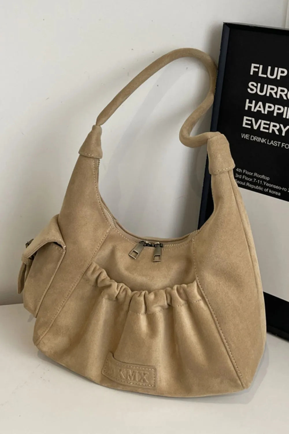 Suede Ruched Handbag Zipper Closure Elegant Evening Purse Spacious Accessory Storage