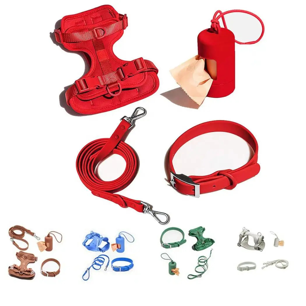 4pc Premium Waterproof PVC Neoprene Pet Harness Leash Collar Bag Dispenser Set