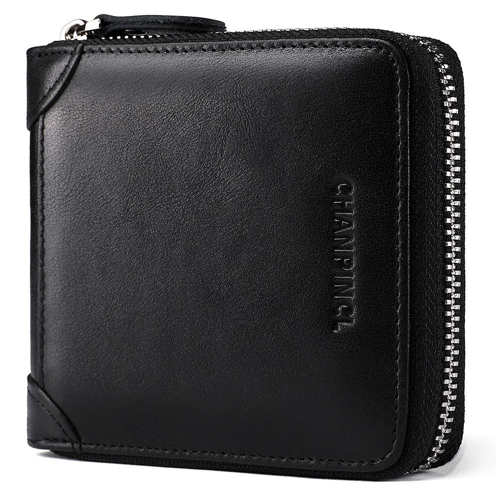 Men's Genuine Leather Zip Wallet Multi-Function Horizontal Style RFID Blocking