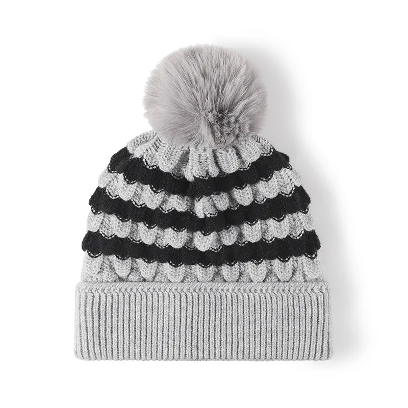 Striped Knit Beanie Hat Winter Warmth Faux Rabbit Fur Pom-Pom Stylish Comfort