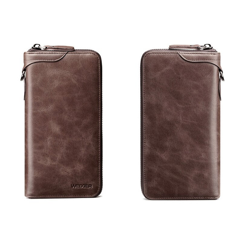 Men's Vintage Long Style Split Leather Wallet Multiple Card Slots Secure Zip Closure