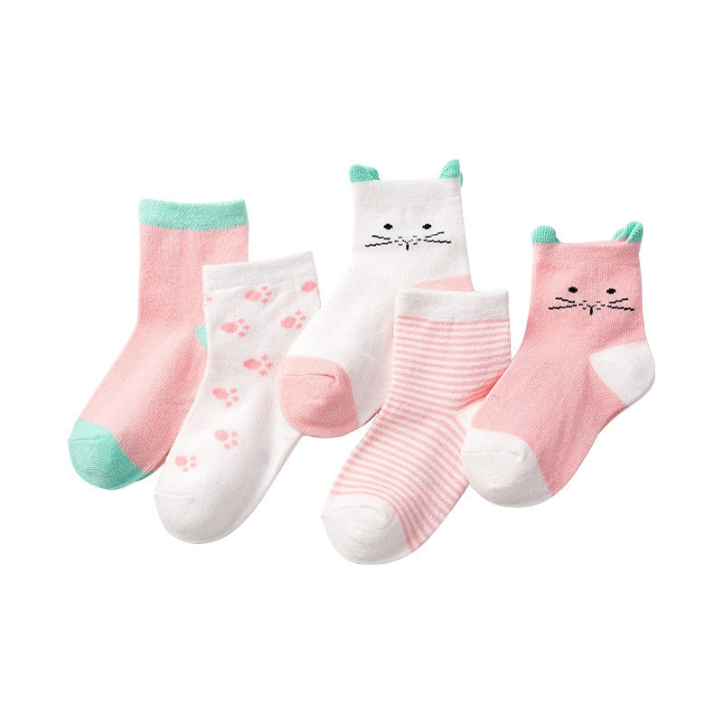 Kids Autumn Winter Cotton Socks 5 Pack Striped Cartoon Soft Warm Cosy Selection