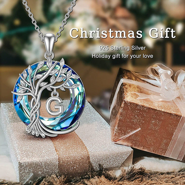 Initial Letter Tree of Life Blue Austrian Crystal Necklace Women's Jewellery