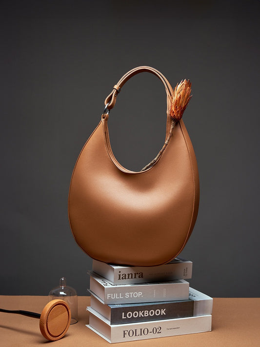 Genuine Leather Single Shoulder Bag Women's Crescent Shaped Crossbody Tote