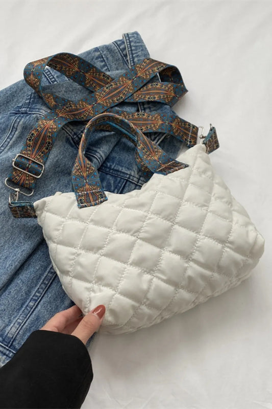 Bubble Quilted Handbag Printed Strap Oxford Cloth Casual Shoulder Bag 34.5cm