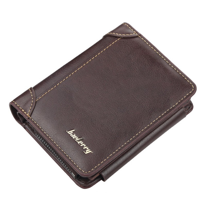 Men's Slim Leather Wallet Three-Fold Multi-Card Secure Zip Pocket RFID Blocking