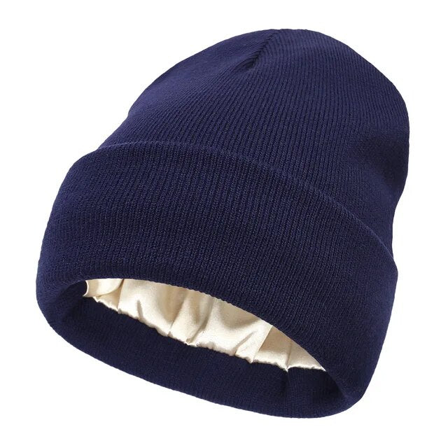 Satin Lined Beanie Hat for Women & Men, Warm Winter Cap, Silk-Lined Knit