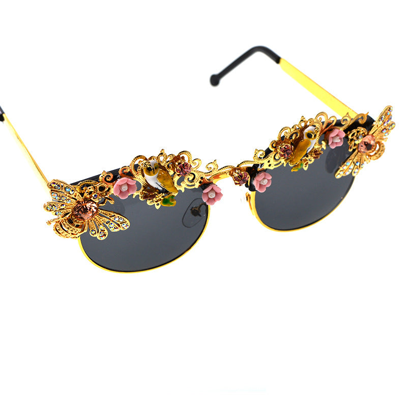 Women's Floral Diamond Inlaid Metal Frame Sunglasses UV Protection Stylish Eyewear