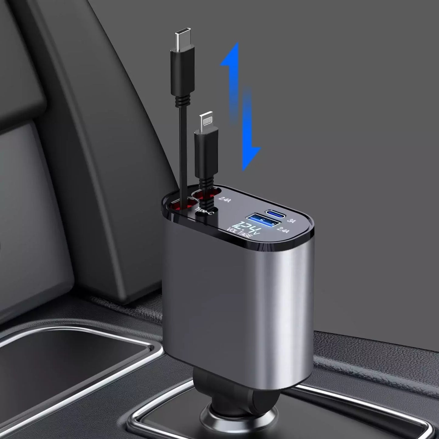 4-in-1 Retractable Car Charger 100W Fast Charging Alloy Type-C 3 Pin USB