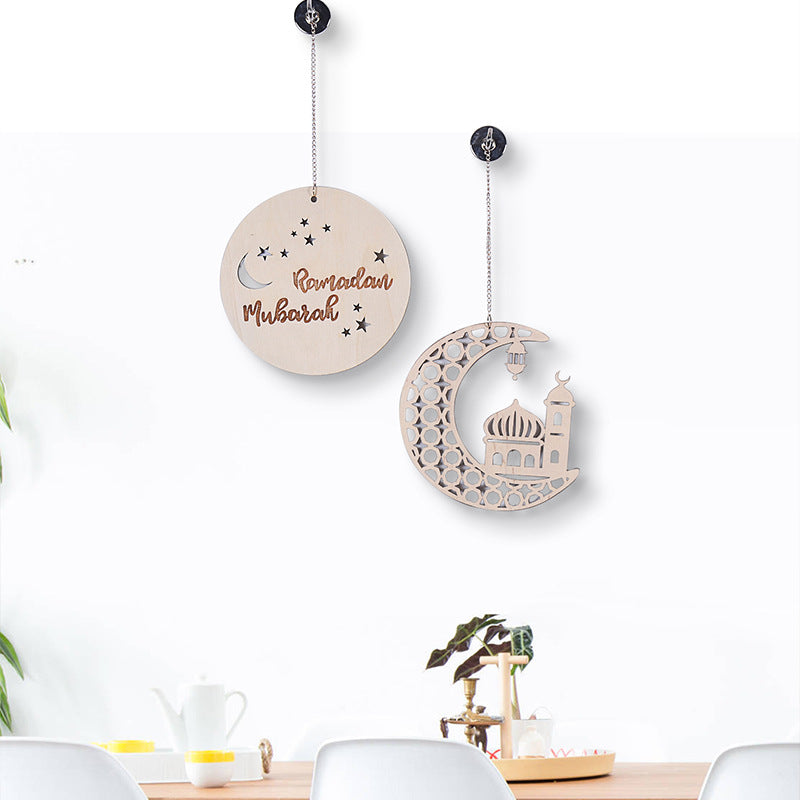 Ramadan Wooden Moon Circle Wall Hanging Mosque Ornament Mubarak Sign Living Room