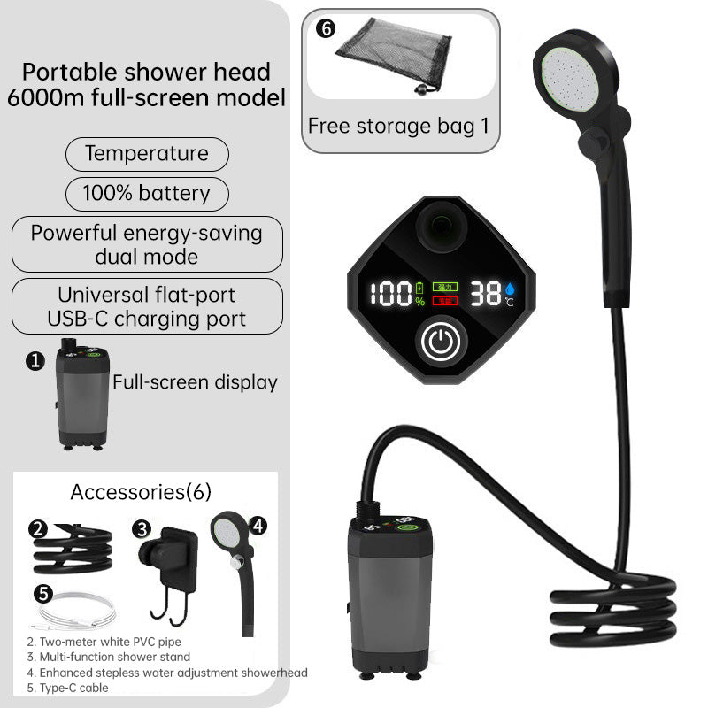 Outdoor Camping Shower 6000mAh USB-C Rechargeable Waterproof Digital Display
