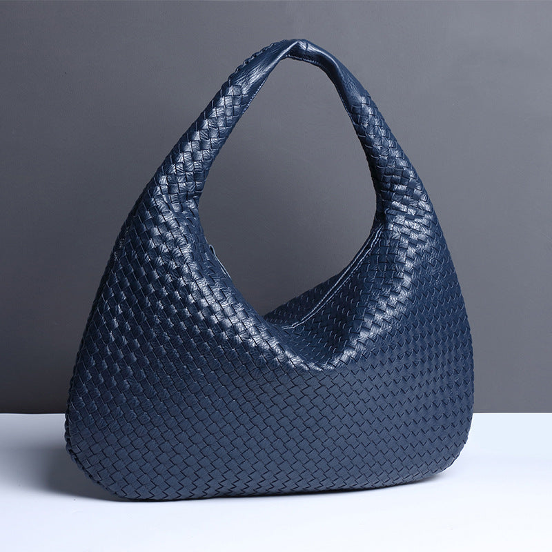 Large Women's Crescent Woven Handbag Zip Closure Daily Use Bag