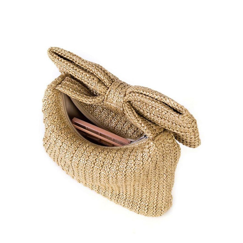 Women's Bow Woven Handbag Elegant Small Clutch Purse Zip Closure Fashion
