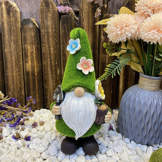 Solar Powered Garden Gnome Lamp Flower Motif Resin Outdoor Decorative Lighting