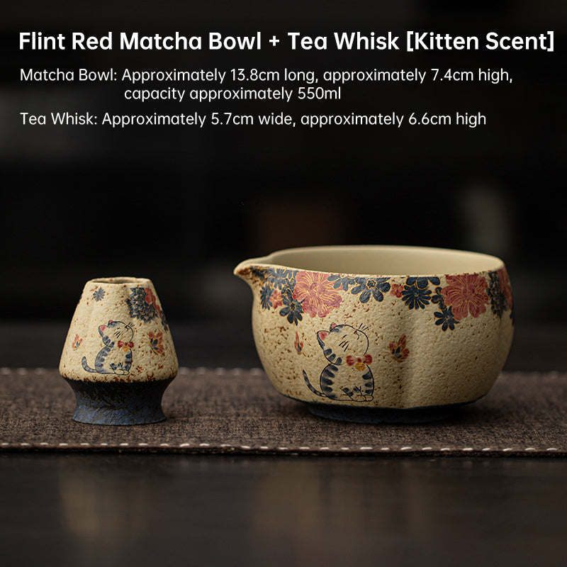 Japanese Flint Red Matcha Tea Kit 2-8 Pieces Bamboo Whisk Ceramic Bowl Storage