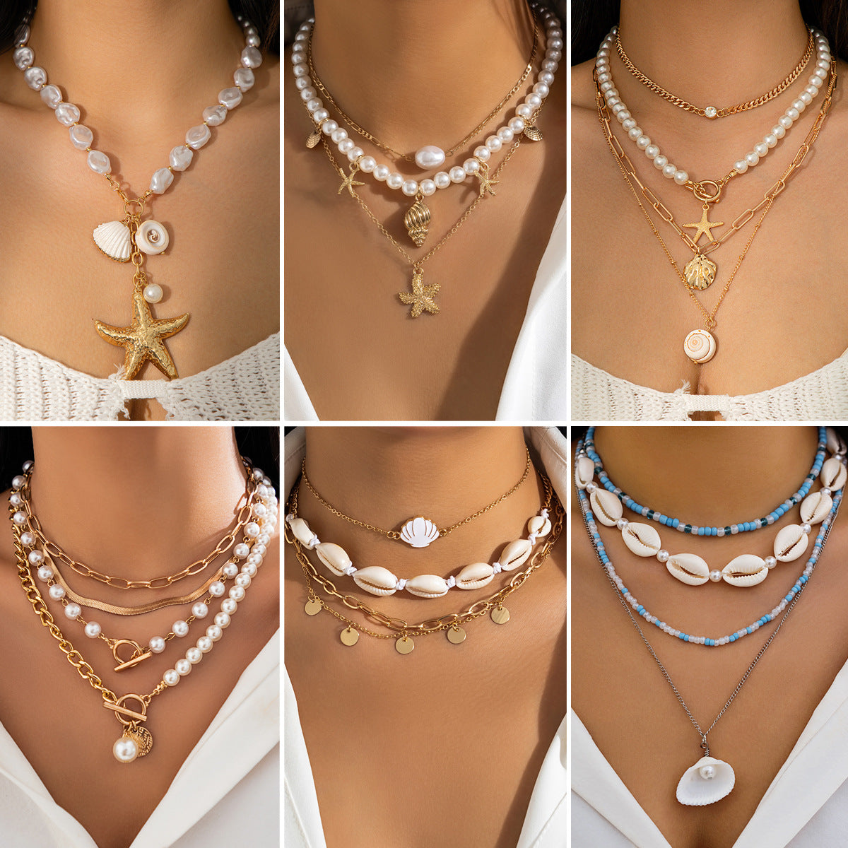 Beach Theme Beaded Necklace Layered Pearl Starfish Shell Jewellery