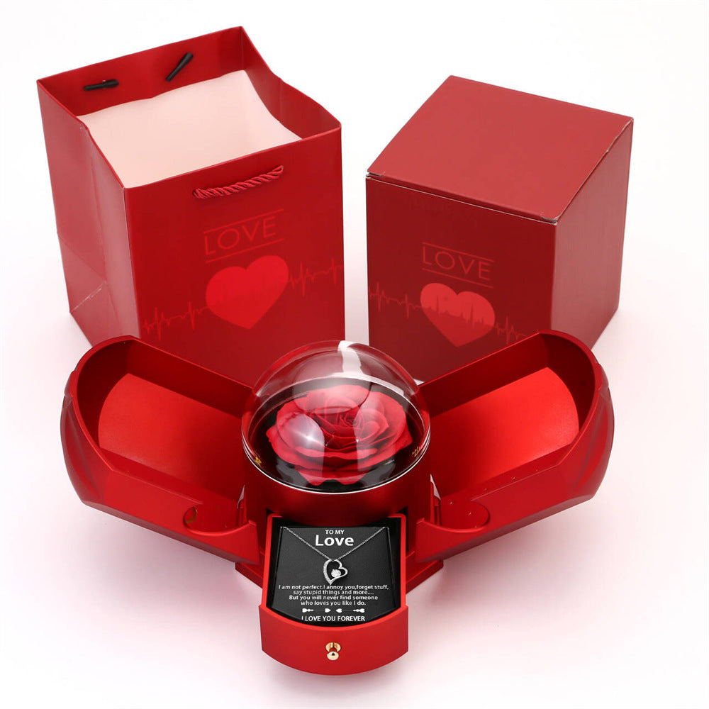 Dual Rose & Necklace Gift Box Set Crystal Heart Necklace Valentine's Day Romantic