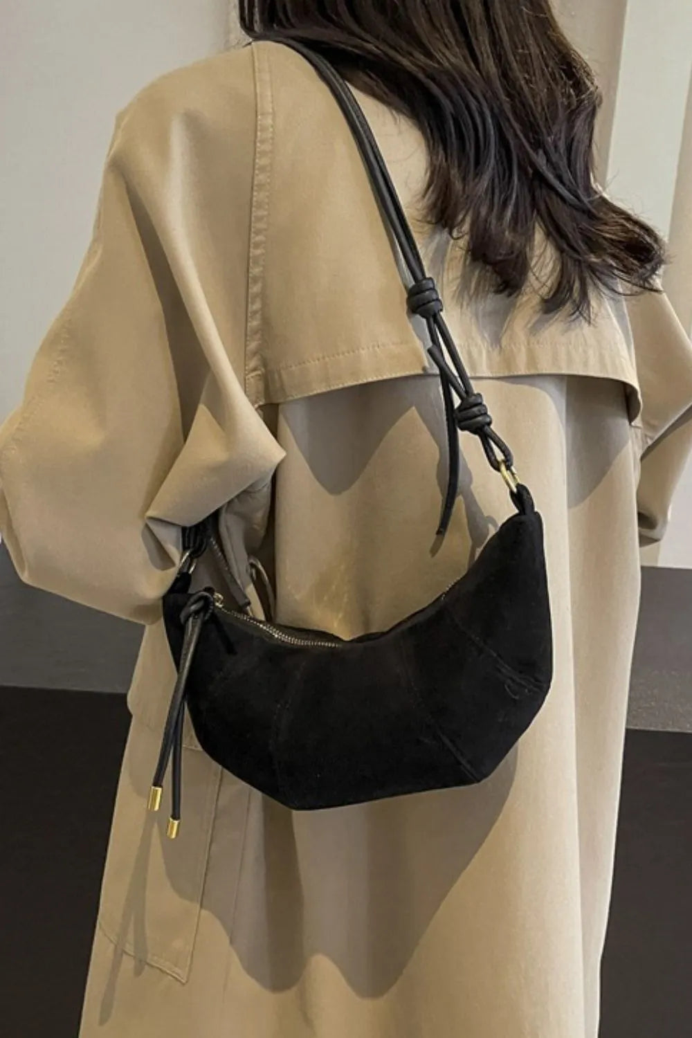 Suede Shoulder Bag Faux Leather Strap Women's Zip Closure Spacious Interior