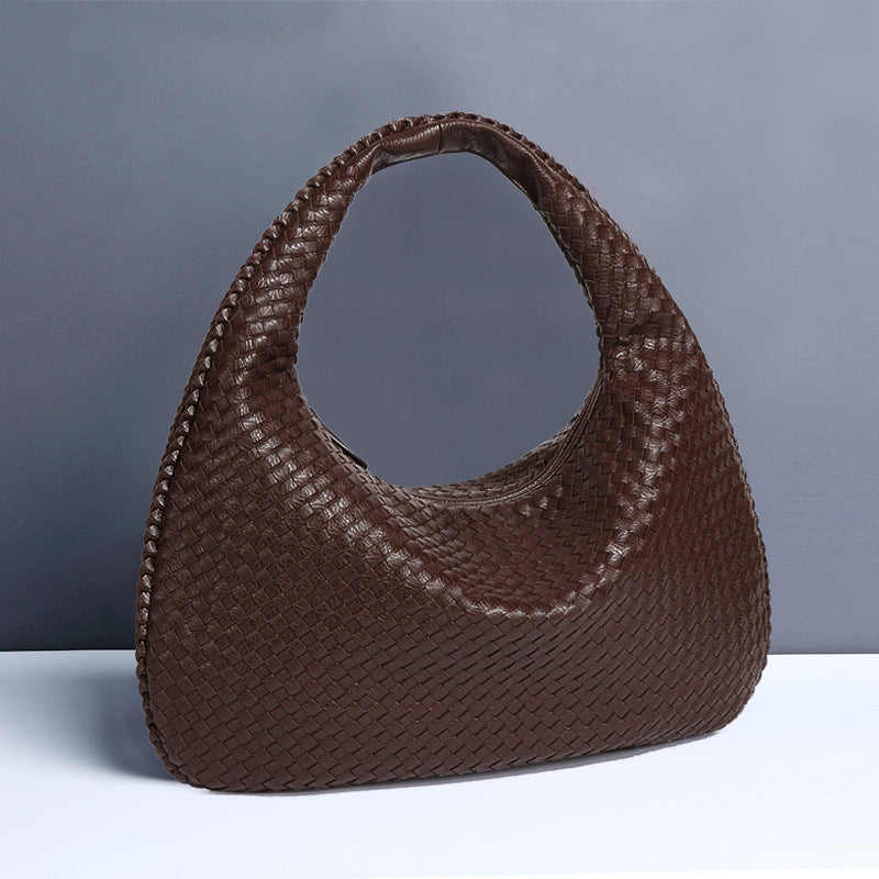 Large Women's Crescent Woven Handbag Zip Closure Daily Use Bag