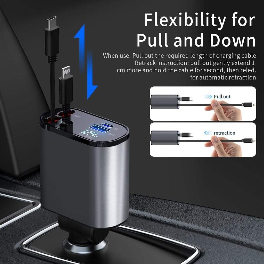 4-in-1 Retractable Car Charger 100W Fast Charging Alloy Type-C 3 Pin USB