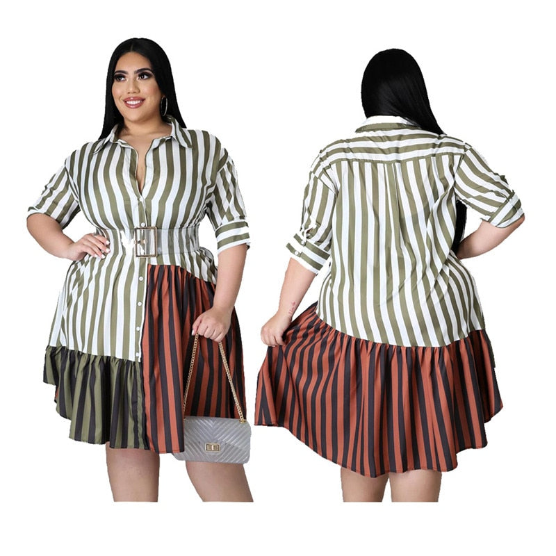 Plus Size Patchwork Striped Office Midi Dress Women's Streetwear Fashion