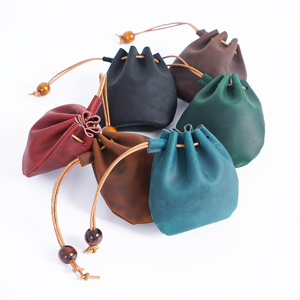 Handmade Cowhide Leather Drawstring Coin Bag Vintage Genuine Storage Pouch