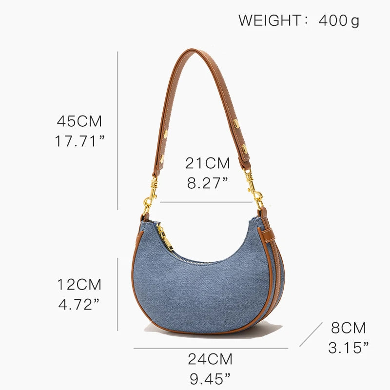 Luxury Denim Half Moon Shoulder Bag Vintage Canvas Crossbody Handbag