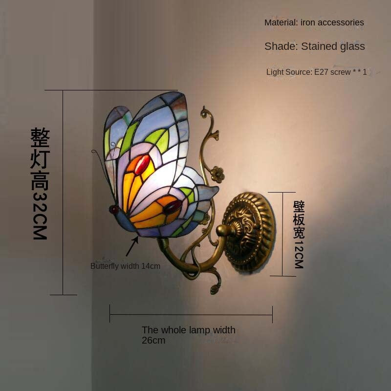 Home Butterfly LED Wall Lamp Stained Glass European Countryside Style Lighting