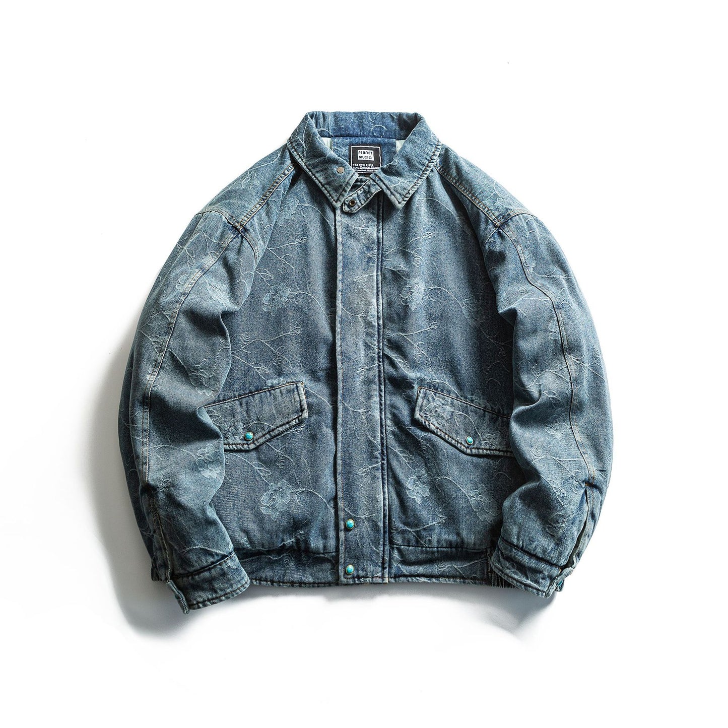 Vintage Jacquard Pattern Thick Insulated Denim Cotton Winter Outerwear for Men
