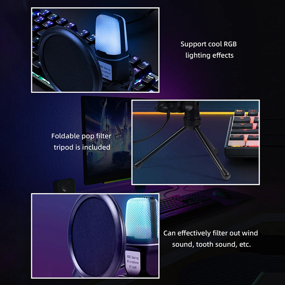 USB Gaming Microphone RGB Condenser Mic Shock Mount Podcast Recording