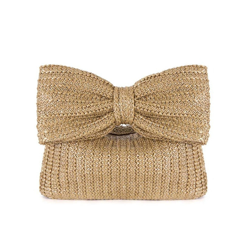 Women's Bow Woven Handbag Elegant Small Clutch Purse Zip Closure Fashion