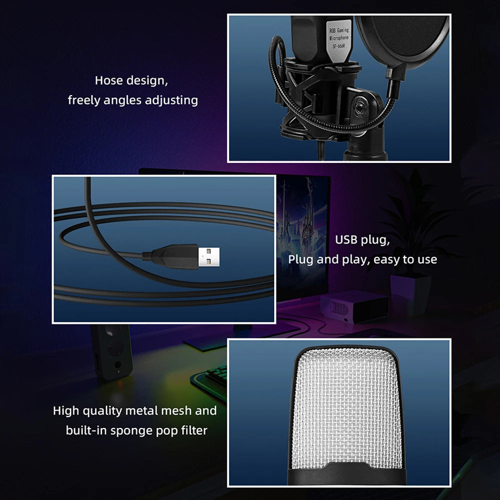 USB Gaming Microphone RGB Condenser Mic Shock Mount Podcast Recording