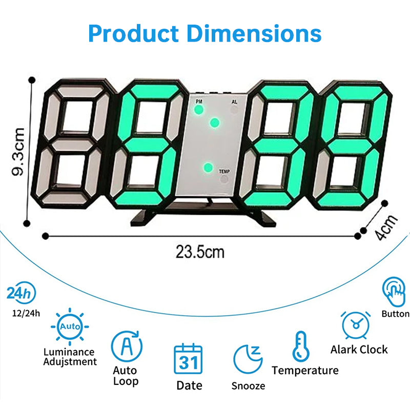 3D LED Digital Alarm Clock USB Charging 12/24 Hour Format Office Bedroom Kitchen