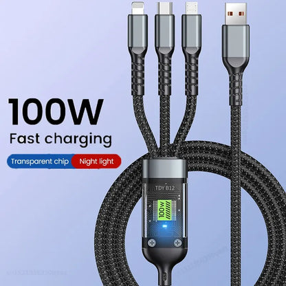 3 In 1 USB 100W Charging CableFast Charging Data Type C Micro For iPhone Android