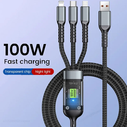 3 In 1 USB 100W Charging CableFast Charging Data Type C Micro For iPhone Android