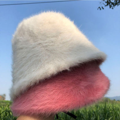 Ladies' Rabbit Fur Knitted Winter Bucket Hat for Stylish Cold Weather Comfort