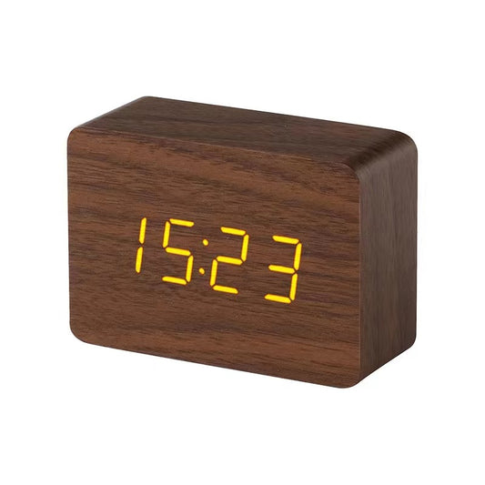 Voice-Controlled Wooden LED Desk Clock USB Battery Date Temperature Features