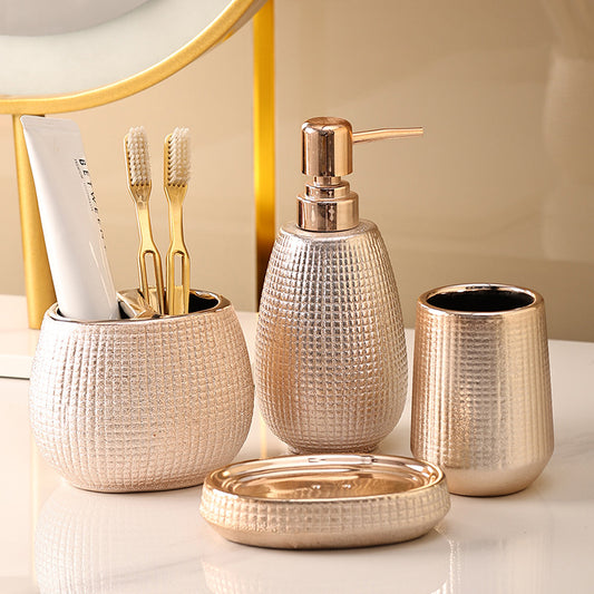 4pc Set Rose Gold Ceramic Tooth Brush Soap Dish Dispenser Bathroom