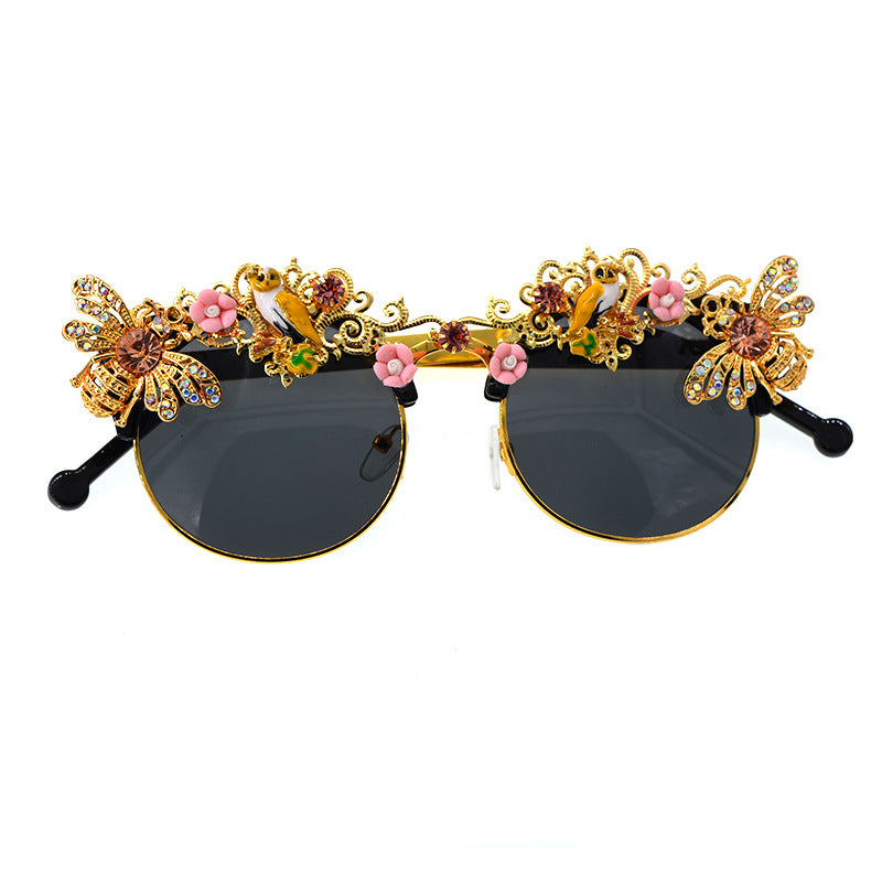 Women's Floral Diamond Inlaid Metal Frame Sunglasses UV Protection Stylish Eyewear