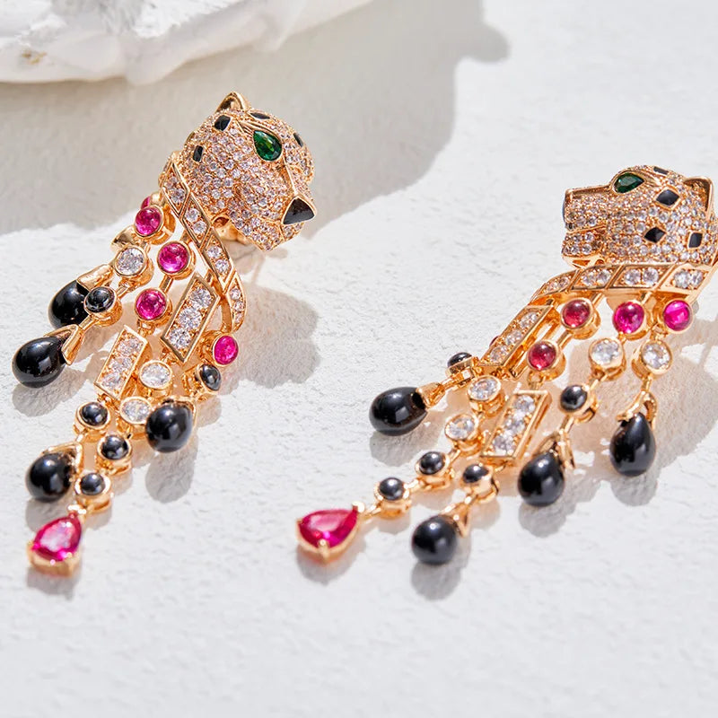 Leopard Spot Gold Plated Copper Earrings Cubic Zirconia Crystal Embellishment