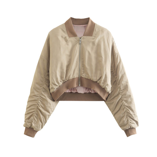 Women’s Short Silk Texture Jacket Khaki Zip Bomber Slim Fit Coat Casual