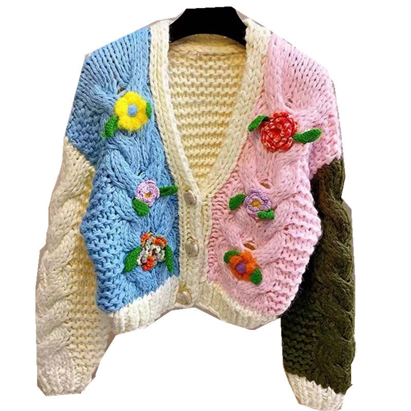 Women's Knitted Floral Flower Cardigan Sweater Button Closure Casual V-Neck