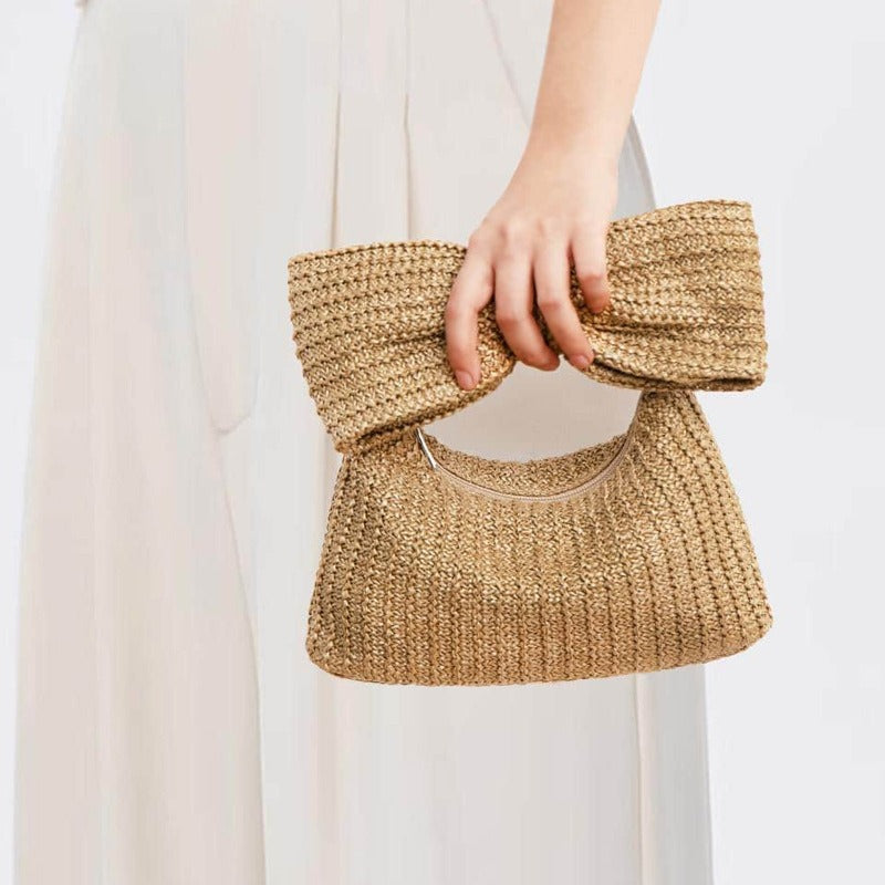 Women's Bow Woven Handbag Elegant Small Clutch Purse Zip Closure Fashion