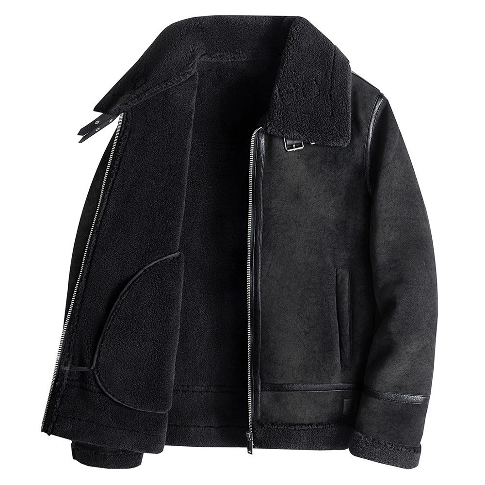 Men's Faux Leather Motorcycle Jacket with Lapel Front Zip Pocket in Black or Brown