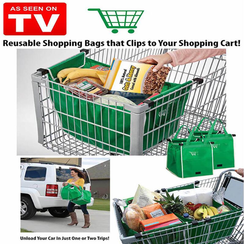 Foldable Tote Shopping Bag Large Grocery Trolley Clip Attachment Green 25cm