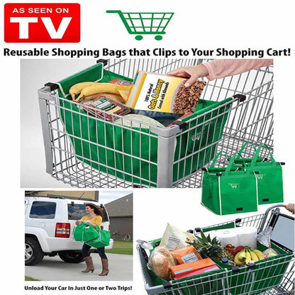 Foldable Tote Shopping Bag Large Grocery Trolley Clip Attachment Green 25cm