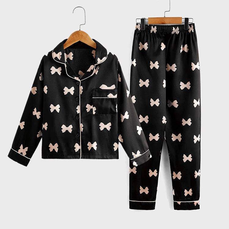 Children's Girls Satin Pyjama Set - Bow Print, 4 Colours, Ages 8-16, Luxury Nightwear