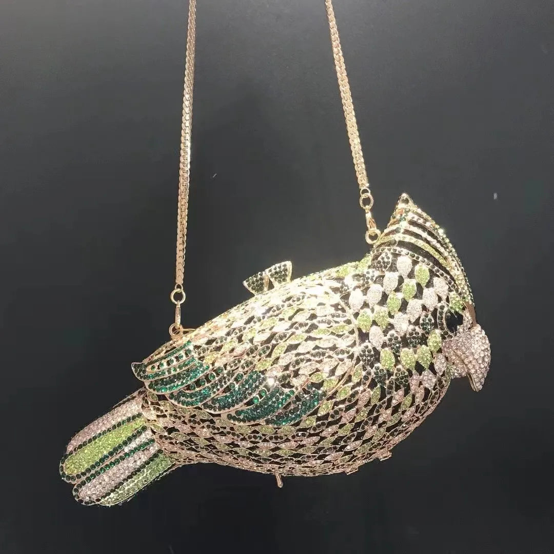 Woodpecker Bird Crystal Rhinestone Clutch Purse for Women Evening Events Bag