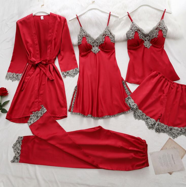 Women's 5-Piece Silk Pajama Set Elegant Lace Trim Sleepwear Nightwear Robe Lounge